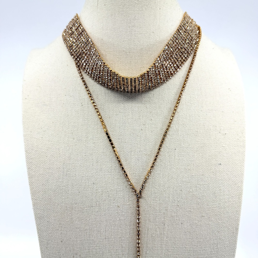 VTG Gold Tone Rhinestone Wide Choker & Lariat Y-Necklace Layered Statement Set - Picture 3 of 11